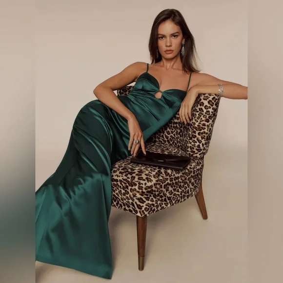 NEW Reformation Sathia Satin Long Dress Forest Dark Green | US 4 UK 8 - Picture 4 of 15